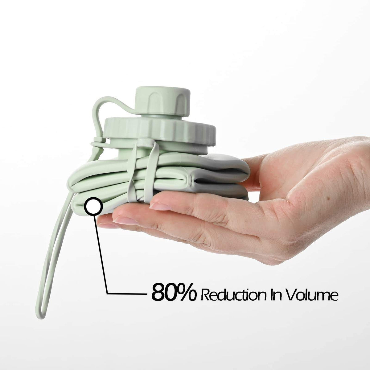 Collapsed feature of 600 ml collapsible  silicone water bottle. Reduction upto 80% to original volume.