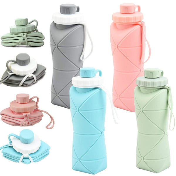 Reusable collapsible silicone water bottle available in multiple colors