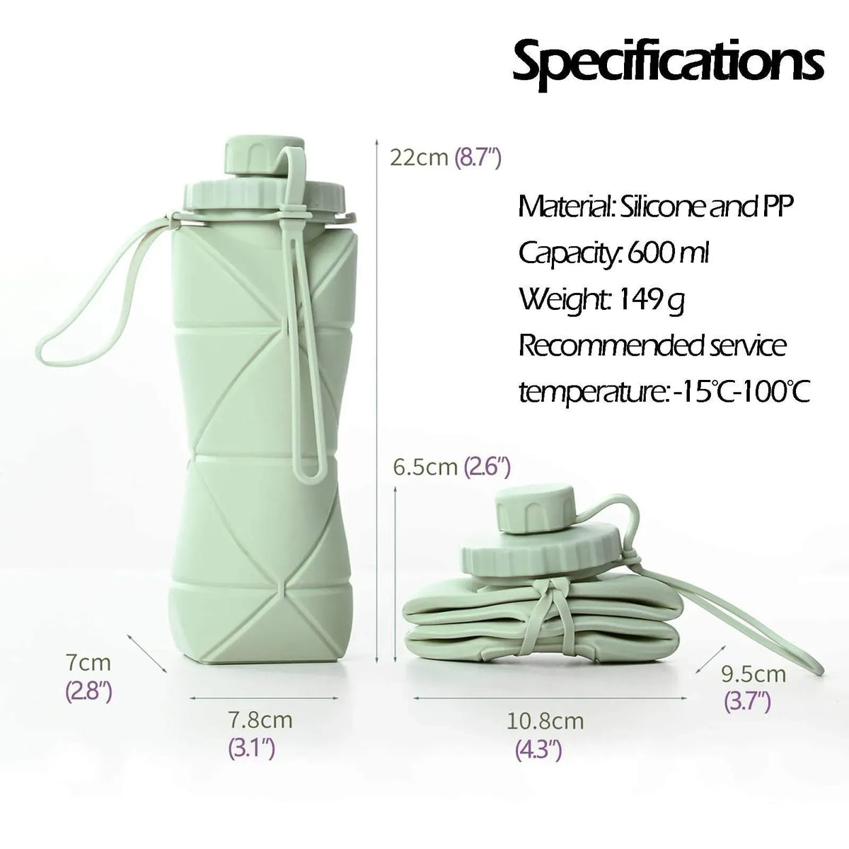 600ml collapsible silicone water bottle with product specifications and dimensions