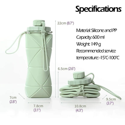 600ml collapsible silicone water bottle with product specifications and dimensions