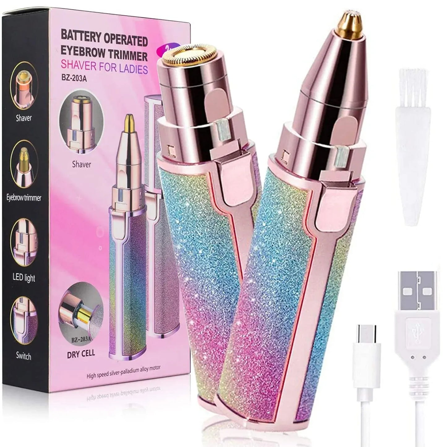 2-in-1 Rechargeable Hair Remover &amp; Eyebrow Trimmer for Women with LED Light – Painless Electric Facial Razor