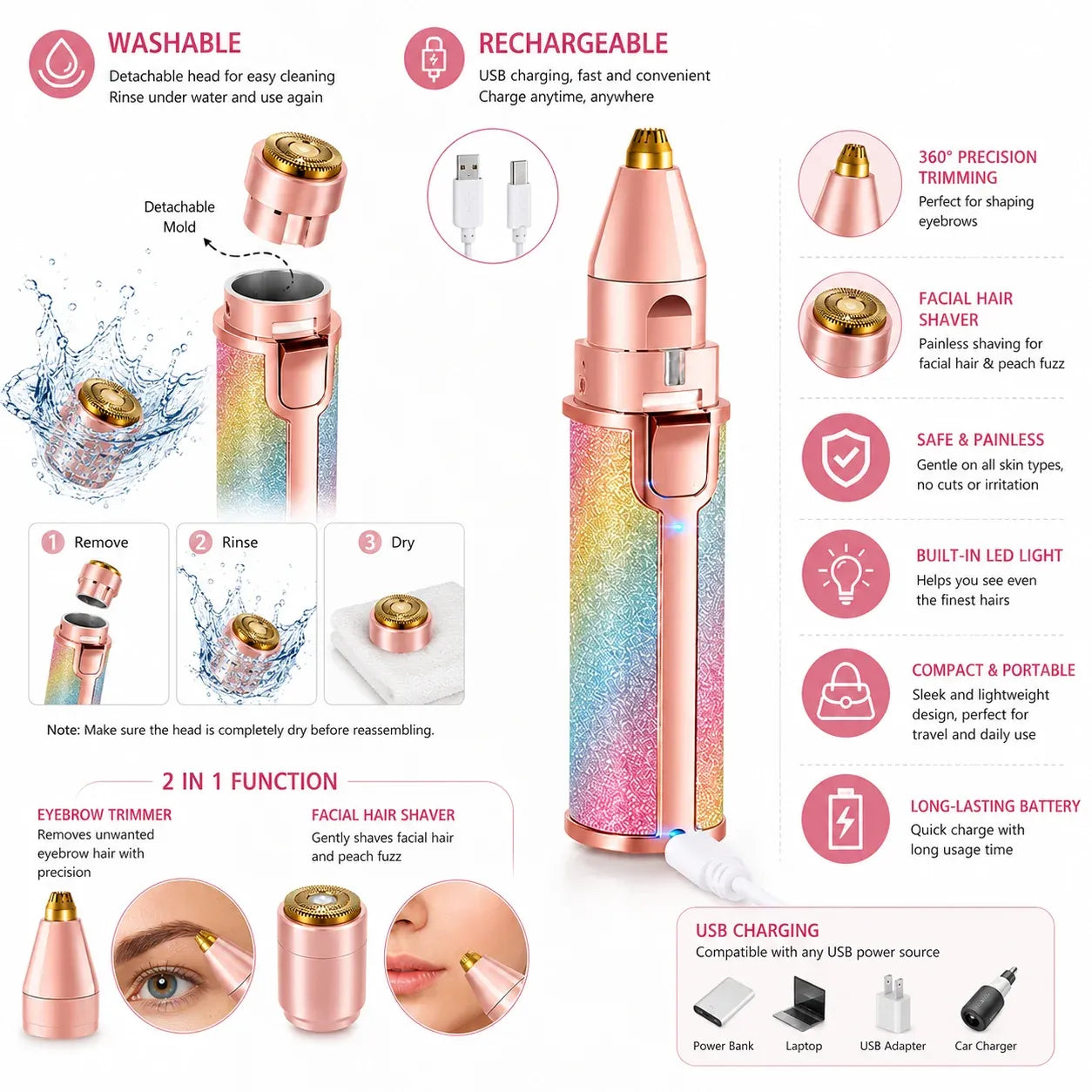 2-in-1 Rechargeable Hair Remover &amp; Eyebrow Trimmer for Women with LED Light – Painless Electric Facial Razor