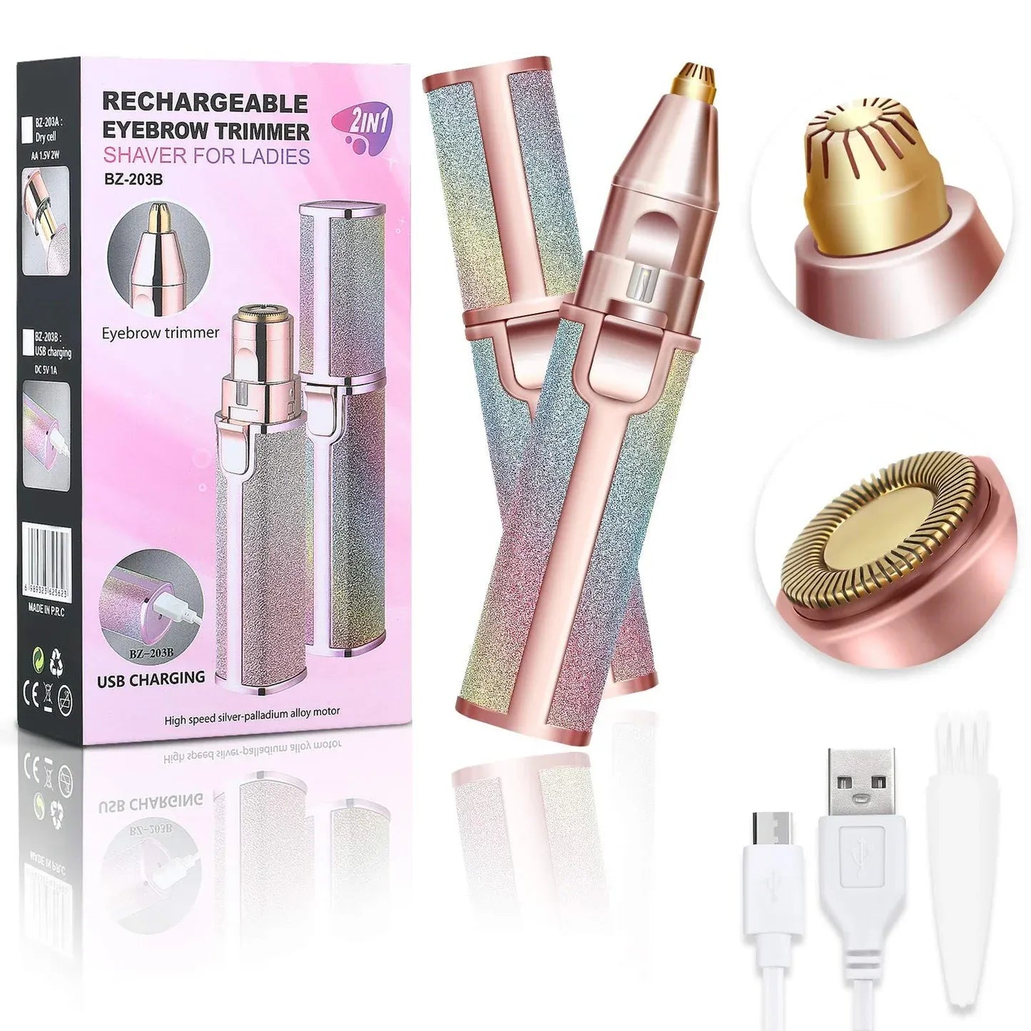2-in-1 Rechargeable Hair Remover &amp; Eyebrow Trimmer for Women with LED Light – Painless Electric Facial Razor