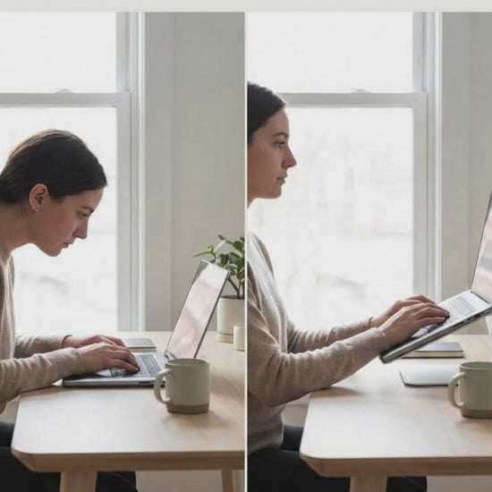 Aluminium laptop stand supporting a laptop on a desk