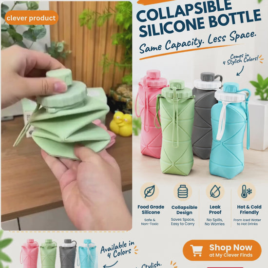 600ml collapsible silicone water bottle shown folded and expanded in multiple colors