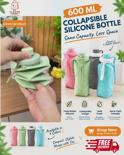600ml collapsible silicone water bottle shown folded and expanded in multiple colors